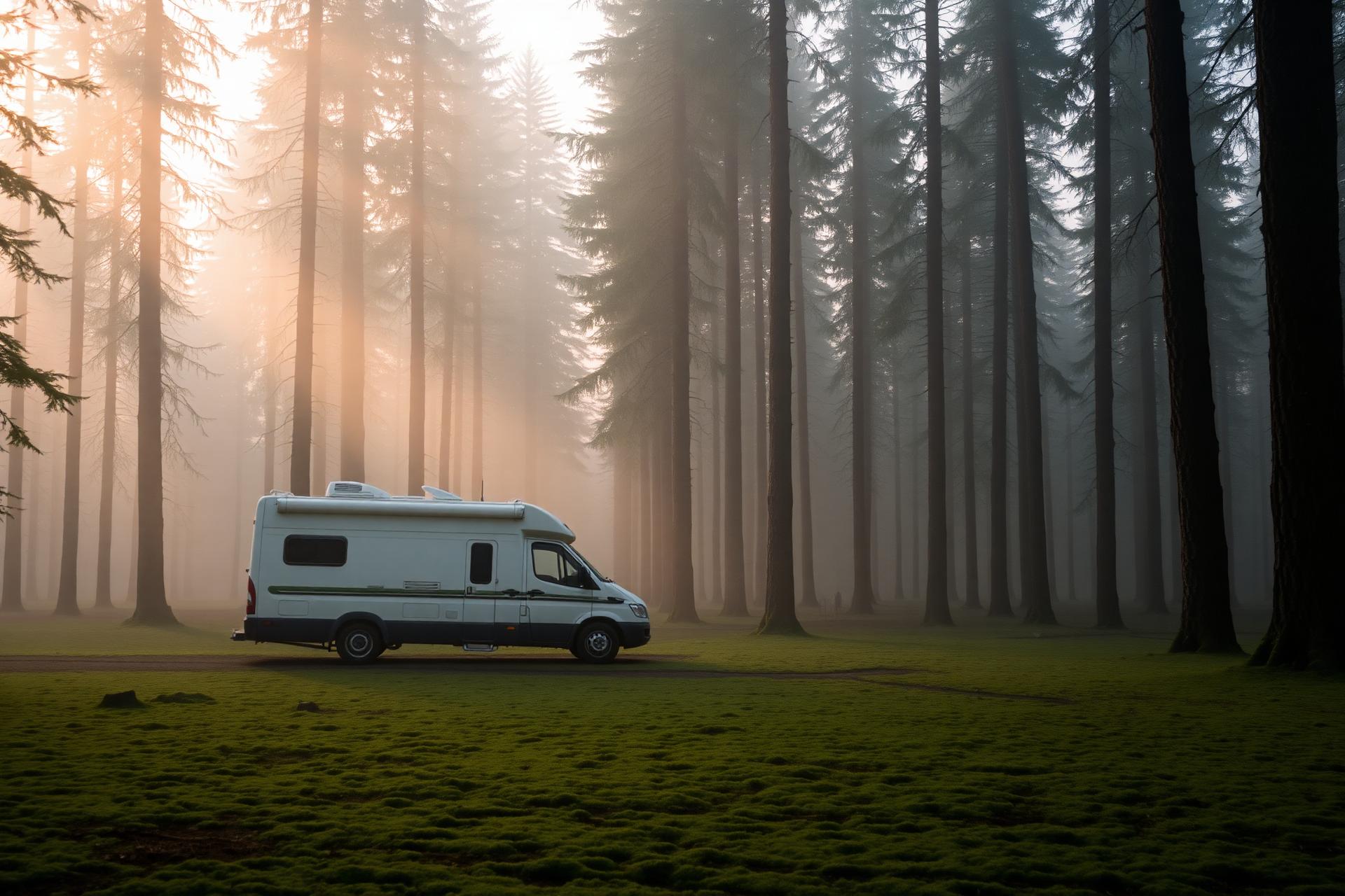 Van aménagé en lisière de forêt brumeuse dans les Ardennes belges